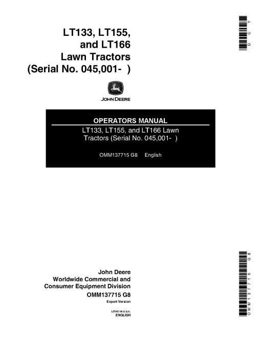 John Deere LT133, LT155 and LT166 Lawn Tractors (SN: 045001 - 125000) (Export Edition) Operators Manual (OMM137715)