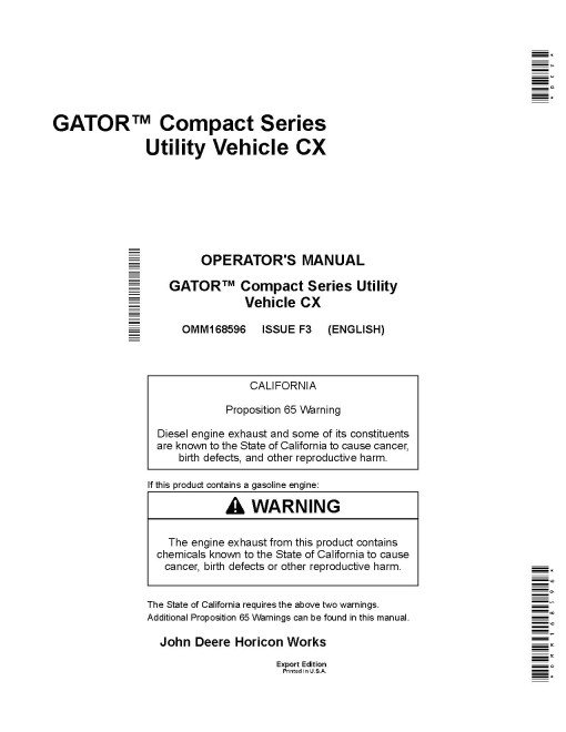 John Deere CX Compact Series Gator Utility Vehicles (SN: from 100001) (Export Edition) Operators Manual (OMM168596)