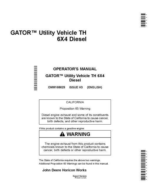 John Deere TH 6x4 Diesel Gator Utility Vehicles (SN: 070001 - 110000) (Export Edition) Operators Manual (OMM168629)