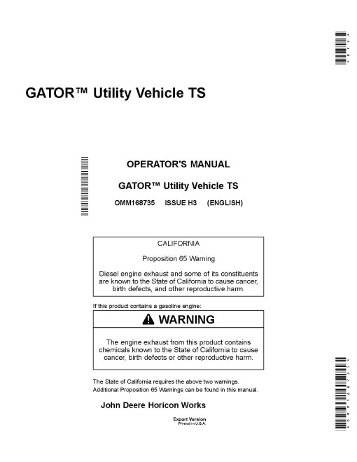 John Deere TS 4x2 Gator Utility Vehicles (SN: 070001 - 100000) (Export Edition) Operators Manual (OMM168735)