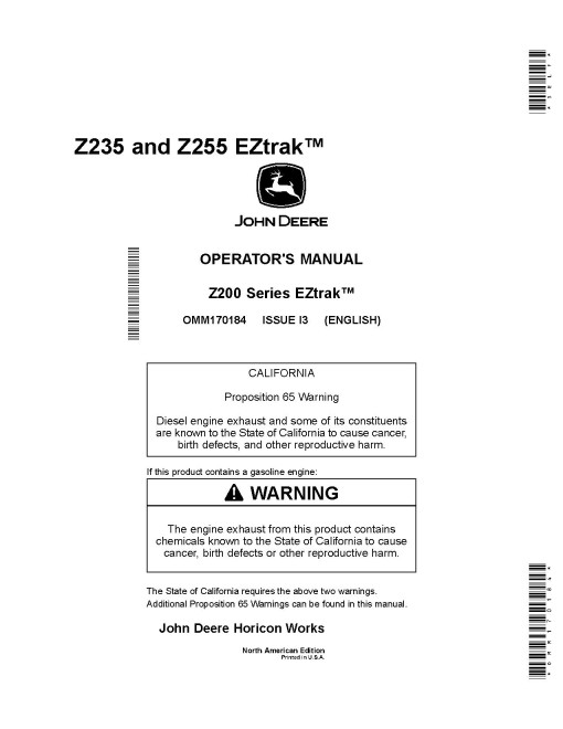John Deere EZTrak Z235 and Z255 (SN: 150001-170000) Zero-Turn Mowers (North America) Operators Manual (OMM170184)