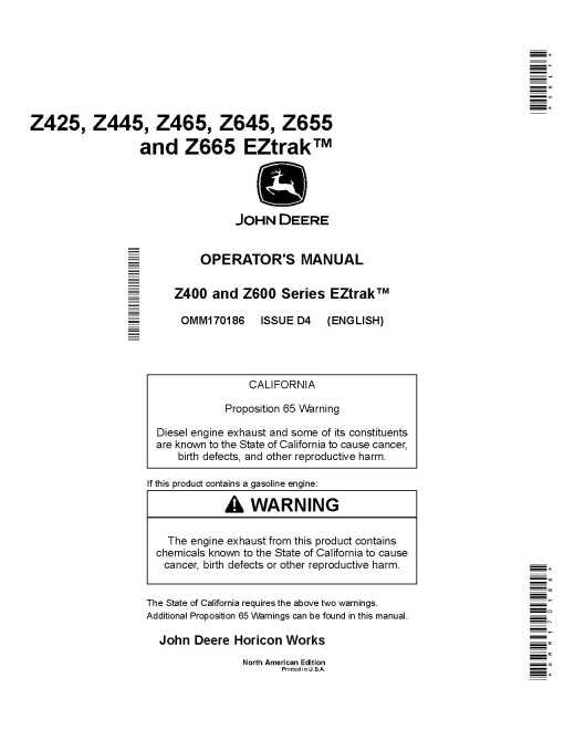 John Deere EZTrak Z425, Z445, Z465, Z645, Z655 and Z665 (SN:150001-170000) Zero-Turn Mowers (North America) Operators Manual (OMM170186)
