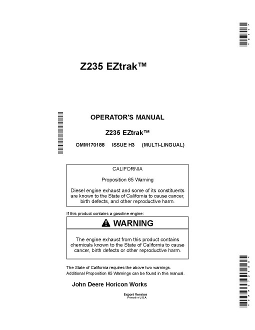 John Deere EZTrak Z235 and Z255 (SN: 150001-170000) Zero-Turn Mowers (Export Edition) Operators Manual (OMM170188)