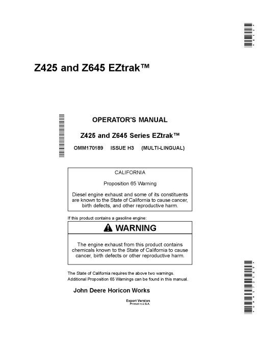 John Deere EZTrak Z425 and Z645 (SN: 150001-170000) Zero-Turn Mowers (Export Edition) Operators Manual (OMM170189)