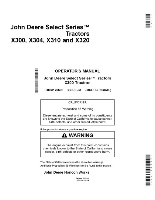 John Deere Select Series X300, X304, X310, X320 (SN: 280001-300000) Lawn Tractors (Export Edition) Operators Manual (OMM170562)