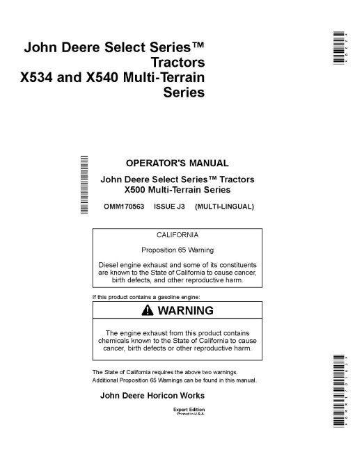 John Deere Select Series X534 and X540 (SN: 090001-100000) Lawn Tractors (Export Edition) Operators Manual (OMM170563)