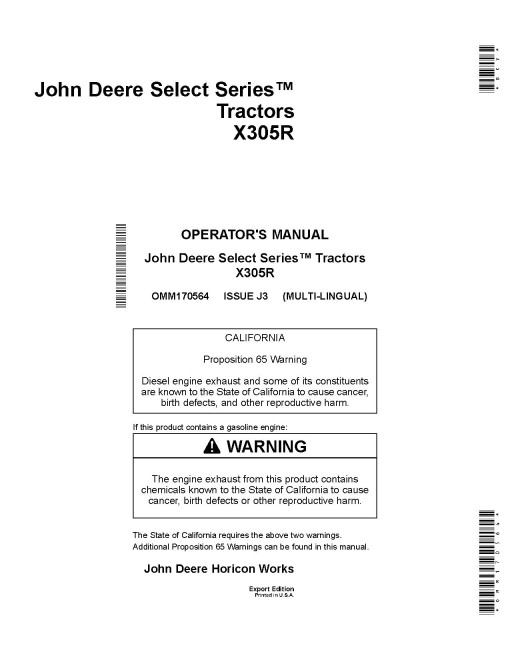 John Deere Select Series X305R (SN: 280001-310000) Lawn Tractors (Export Edition) Operators Manual (OMM170564)