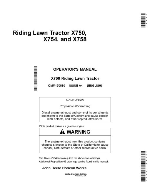 John Deere X750, X754 and X758 (SN: 020001-030000) Lawn Tractors (North America) Operators Manual (OMM170830)