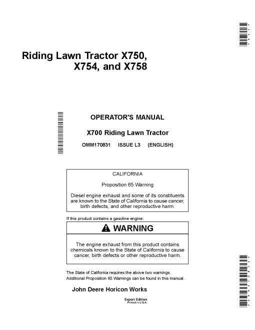 John Deere X750, X754 and X758 (SN: 020001-030000) Lawn Tractors (Export Edition) Operators Manual (OMM170831)