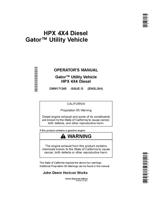 John Deere HPX 4x4 Diesel Gator Utility Vehicles (SN: 120001 - 130000) (North America) Operators Manual (OMM171245)
