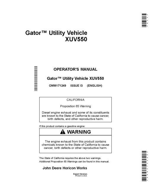 John Deere XUV550 Gator Utility Vehicles (SN: 030001 - 040001) (Export Edition) Operators Manual (OMM171249)