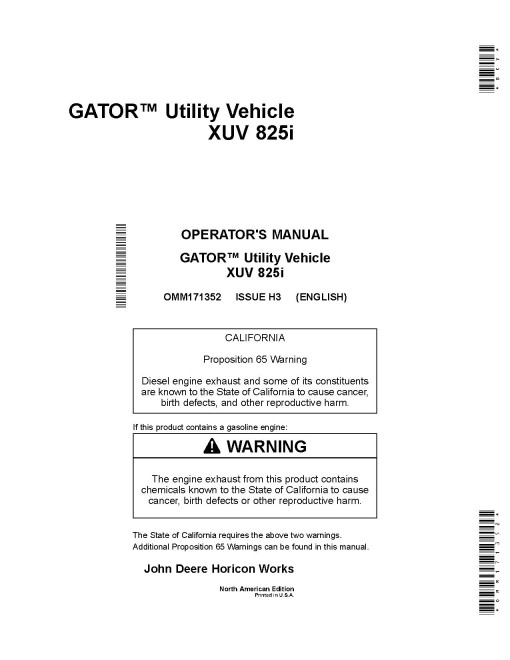 John Deere XUV825i Gator Utility Vehicles (SN: 080001 - 100000) (North America) Operators Manual (OMM171352)