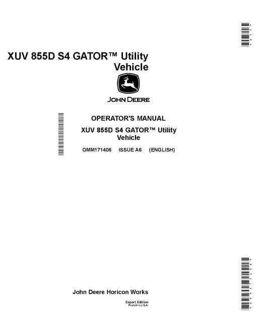 John Deere XUV855D S4 Gator Utility Vehicles (SN: from 080001) (Export Edition) Operators Manual (OMM171406)