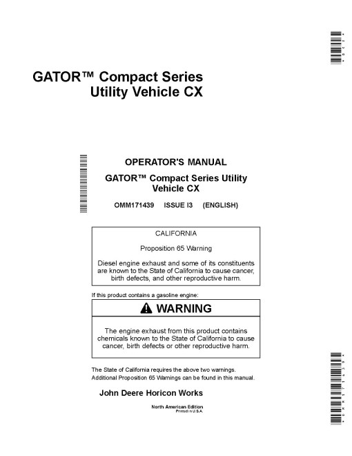 John Deere CX Gator Utility Vehicles (SN: from 100001) (North America) Operators Manual (OMM171439)