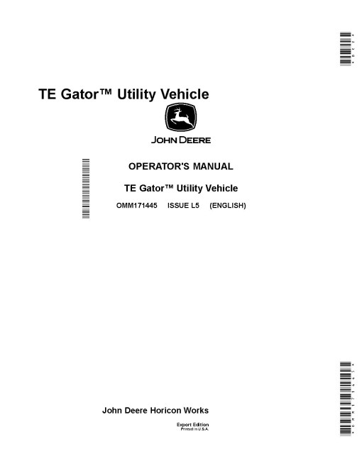 John Deere TE Electric Gator Utility Vehicles (SN: 090001 - 140000) (Export Edition) Operators Manual (OMM171445)