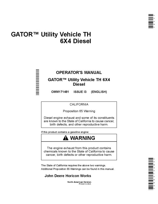 John Deere TH 6x4 Diesel Gator Utility Vehicles (SN: 070001 - 110000) (North America) Operators Manual (OMM171481)