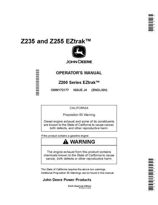 John Deere EZTrak Z235 and Z255 (SN from 170001) Zero-Turn Mowers (North America) Operators Manual (OMM172177)