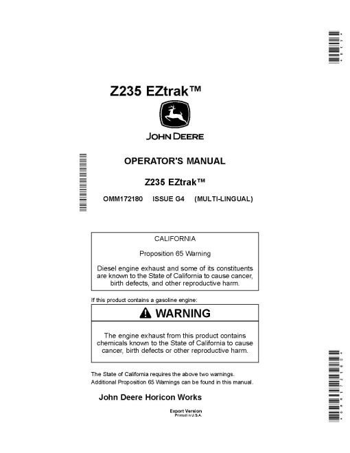 John Deere EZTrak Z235 (SN from 170001) Zero-Turn Mowers (Export Edition) Operators Manual (OMM172180)