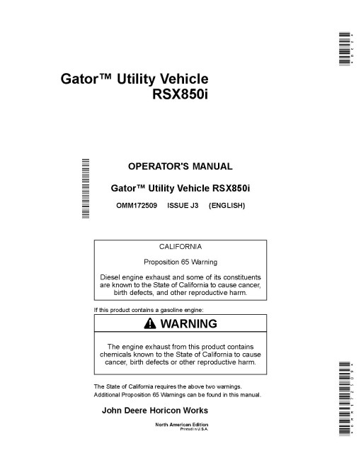 John Deere RSX850i Gator Utility Vehicles (SN: 010001 - 030000) (North America) Operators Manual (OMM172509)