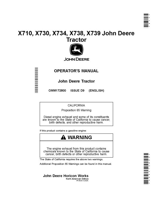 John Deere Ultimate Select Series X710, X730, X734, X738, X739 (SN:040001-050000) Lawn Tractors (N.America) Operators Manual (OMM172800)