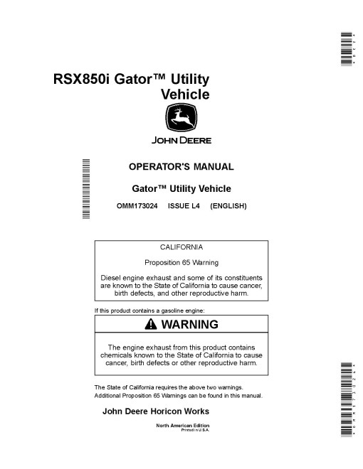 John Deere RSX850i Gator Utility Vehicles (SN: from 040001) (North America) Operators Manual (OMM173024)
