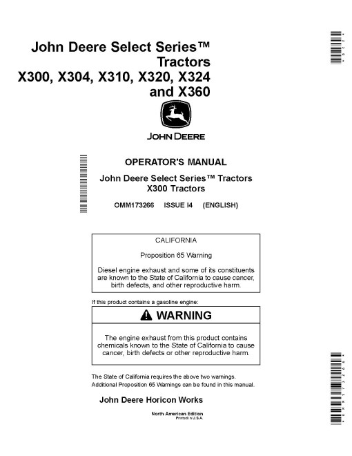 John Deere Select Series X300, X304, X310, X320, X324, X360 (SN: 280001-) Lawn Tractors (North America) Operators Manual (OMM173266)