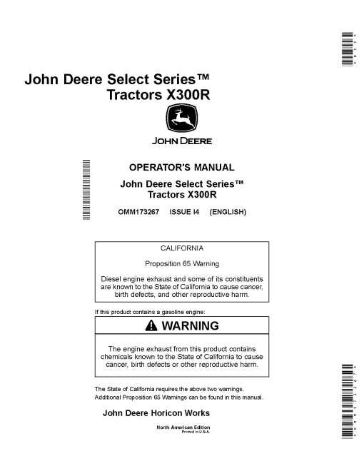 John Deere Select Series X300R (SN from 280001) Lawn Tractors (North America) Operators Manual (OMM173267)