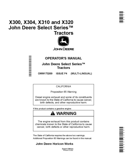 John Deere Select Series X300, X304, X310 and X320 (SN: 310001-) Lawn Tractors (Export Edition) Operators Manual (OMM173269)