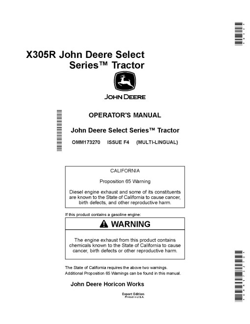 John Deere Select Series X305R (SN from 310001) Lawn Tractors (Export Edition) Operators Manual (OMM173270)