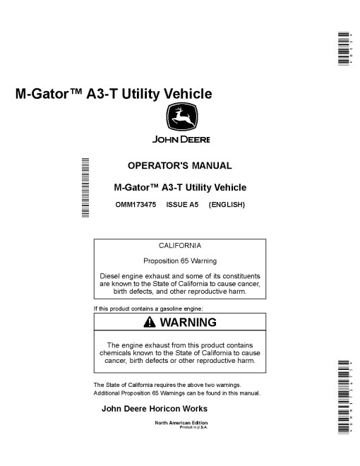 John Deere M-Gator A3-T Utility Vehicles (SN: 010001 - 020000) (North America) Operators Manual (OMM173475)
