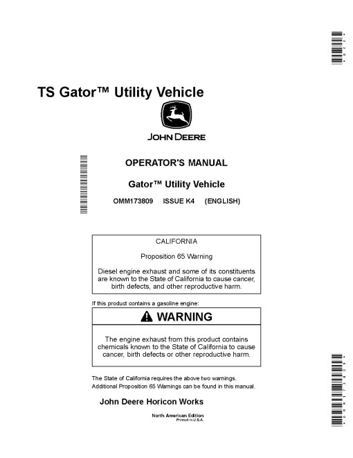 John Deere TS 4x2 Gator Utility Vehicles (SN: 100001 - 110000) (North America) Operators Manual (OMM173809)