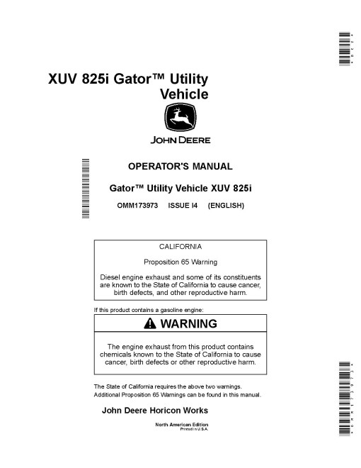 John Deere XUV825i Gator Utility Vehicles (SN: 100001 - 110000) (North America) Operators Manual (OMM173973)