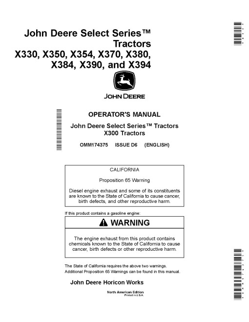 John Deere X330, X350, X354, X370, X380, X384, X390, X394 (SN:010001-020000) Lawn Tractors (N.America) Operators Manual (OMM174375)