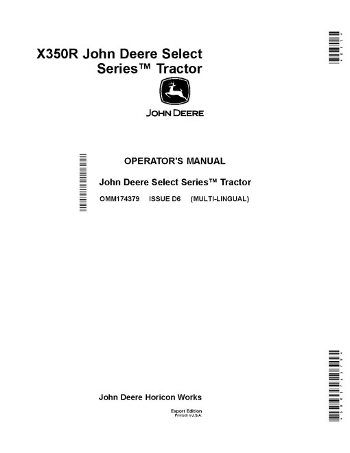 John Deere Select Series X350R (SN: 010001-020000) Lawn Tractors (Export Edition) Operators Manual (OMM174379)