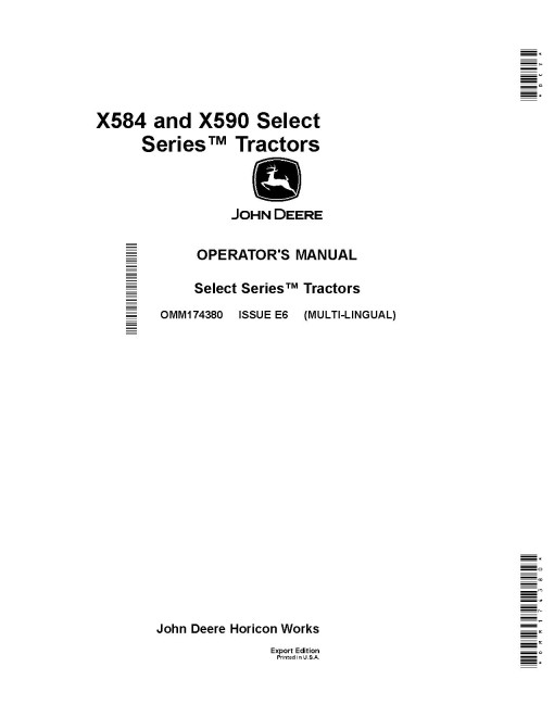John Deere Select Series X584 and X590 (SN: 110001-120000) Lawn Tractors (Export Edition) Operators Manual (OMM174380)