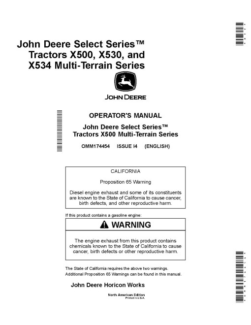 John Deere Select Series X500, X530 and X534 (SN: 090001-100000) Lawn Tractors (North America) Operators Manual (OMM174454)