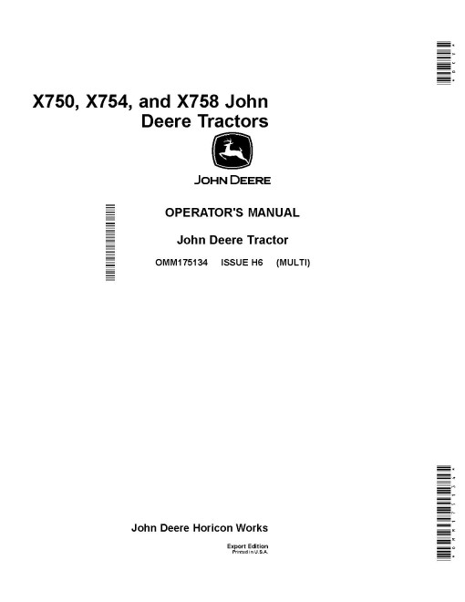 John Deere X750, X754 and X758 (SN: 050001-060000) Lawn Tractors (Export Edition) Operators Manual (OMM175134)
