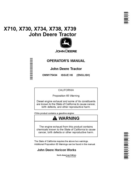 John Deere Ultimate Select Series X710, X730, X734, X738, X739 (SN:050001-060000) Lawn Tractors (N.America) Operators Manual (OMM175434)