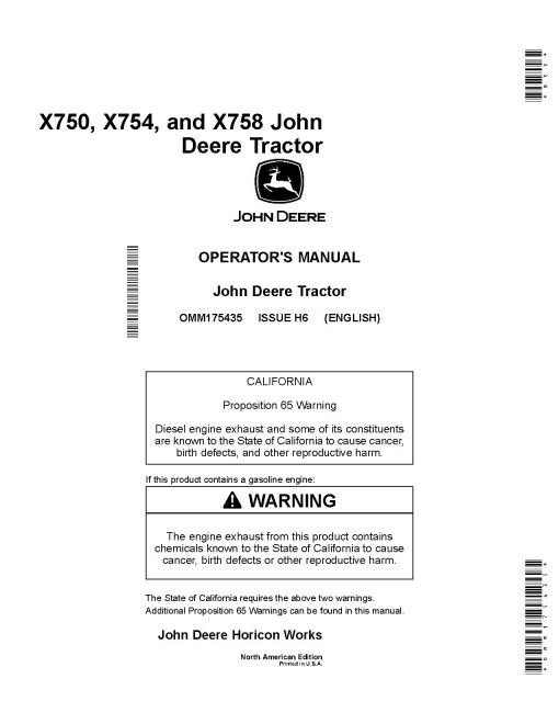 John Deere X750, X754 and X758 (SN: 050001-060000) Lawn Tractors (North America) Operators Manual (OMM175435)