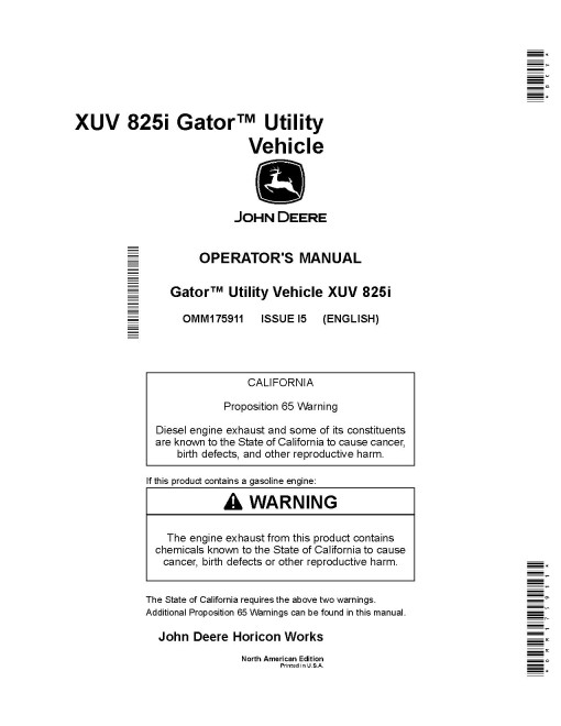 John Deere XUV825i Gator Utility Vehicles (SN: 110001 - 120000) (North America) Operators Manual (OMM175911)
