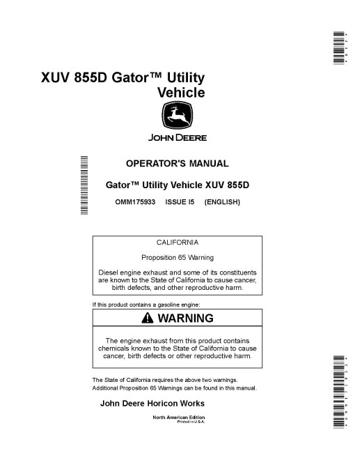 John Deere XUV855D Gator Utility Vehicles (SN: 110001 - 120000) (North America) Operators Manual (OMM175933)