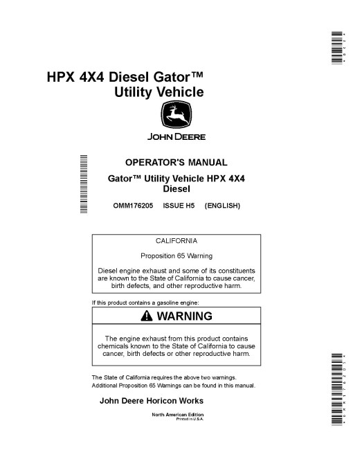 John Deere HPX 4x4 Diesel Gator Utility Vehicles (SN: 140001 - 150000) (North America) Operators Manual (OMM176205)