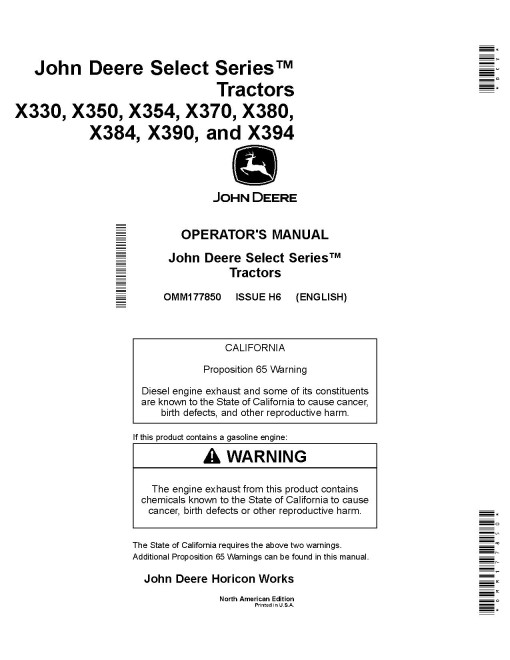 John Deere X330, X350, X354, X370, X380, X384, X390, X394 (SN:020001-050000) Lawn Tractors (N.America) Operators Manual (OMM177850)