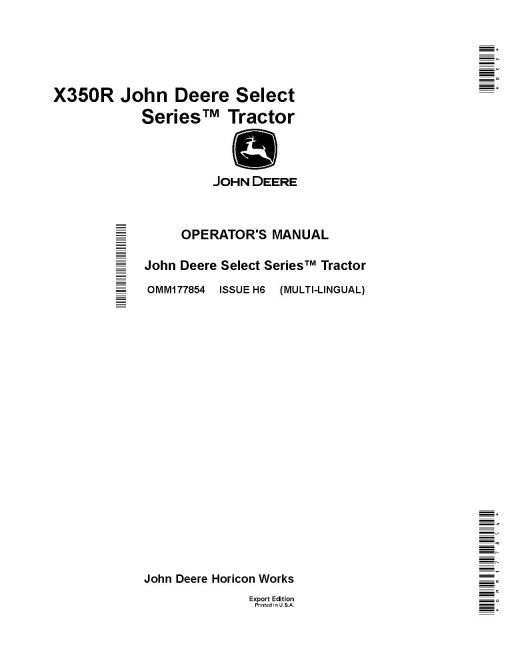 John Deere Select Series X350R (SN: 020001-050000) Lawn Tractors (Export Edition) Operators Manual (OMM177854)