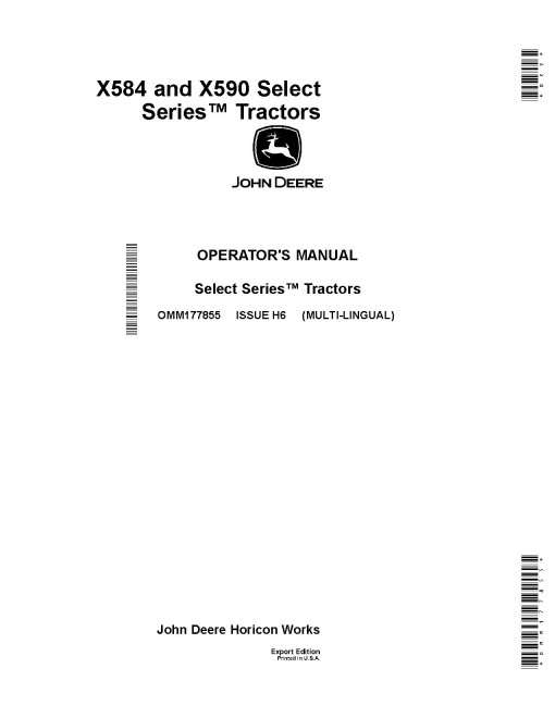 John Deere Select Series X584 and X590 (SN: 120001-130000) Lawn Tractors (Export Edition) Operators Manual (OMM177855)