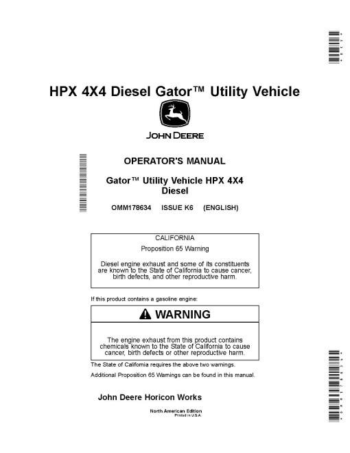 John Deere HPX 4x4 Diesel Gator Utility Vehicles (SN: from 150001) (North America) Operators Manual (OMM178634)