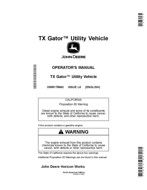 John Deere TX Gator Utility Vehicles (SN: 120001 - 140000) (North America) Operators Manual (OMM178642)