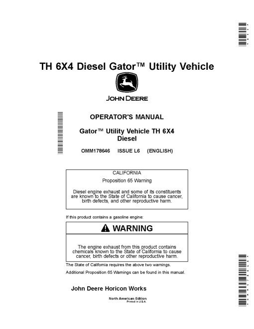 John Deere TH 6x4 Diesel Gator Utility Vehicles (SN: 120001 - 130000) (North America) Operators Manual (OMM178646)