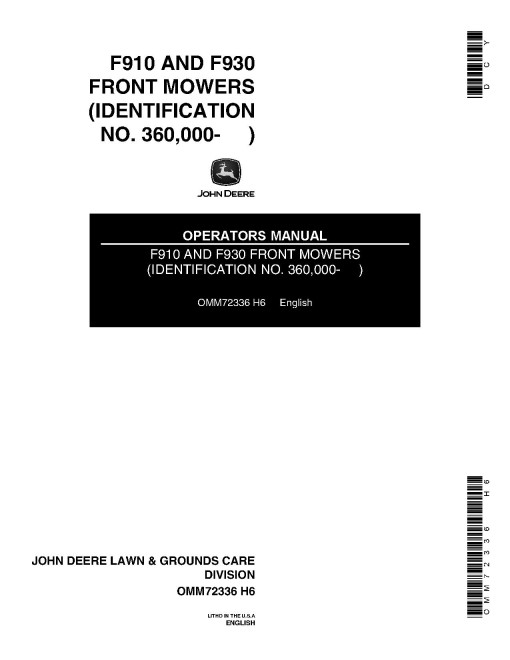 John Deere F910 and F930 Front Mowers (SN: 360001 - 475000) (North America) Operators Manual (OMM72336)