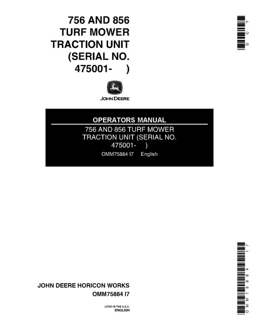 John Deere 756 and 856 Compact Utility Tractors (SN: from 475001, North America) Operators Manual (OMM75884)